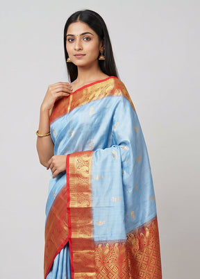 Blue Handloom Kanjivaram Pure Silk Saree With Blouse Piece