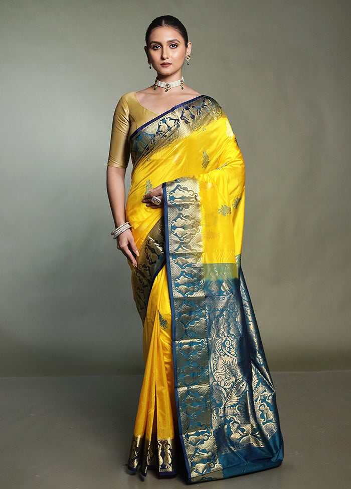 Yellow Handloom Kanjivaram Pure Silk Saree With Blouse Piece