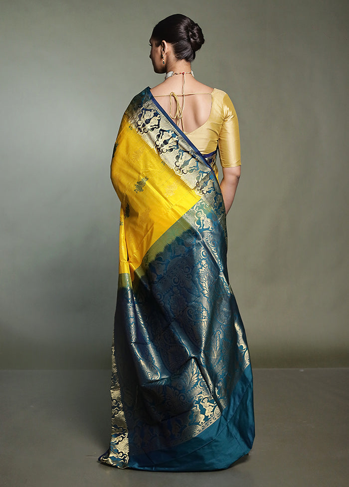 Yellow Handloom Kanjivaram Pure Silk Saree With Blouse Piece