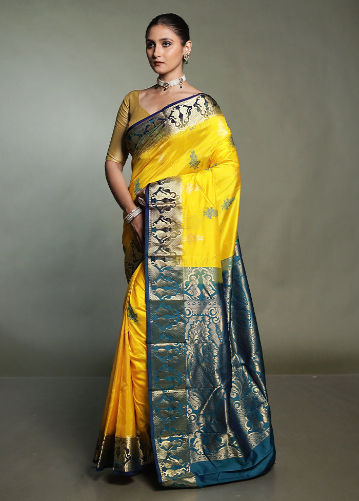 Yellow Handloom Kanjivaram Pure Silk Saree With Blouse Piece