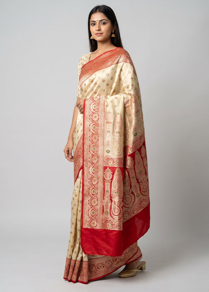 White Banarasi Silk Saree With Blouse Piece