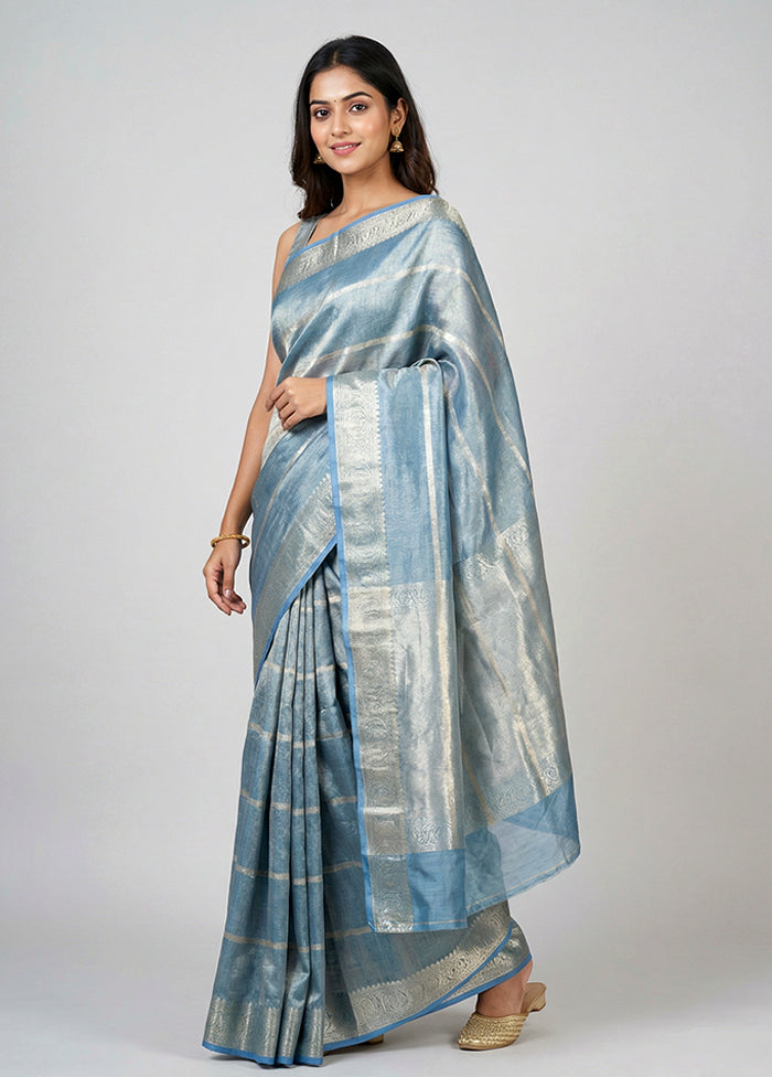 Blue Tissue Silk Saree With Blouse Piece