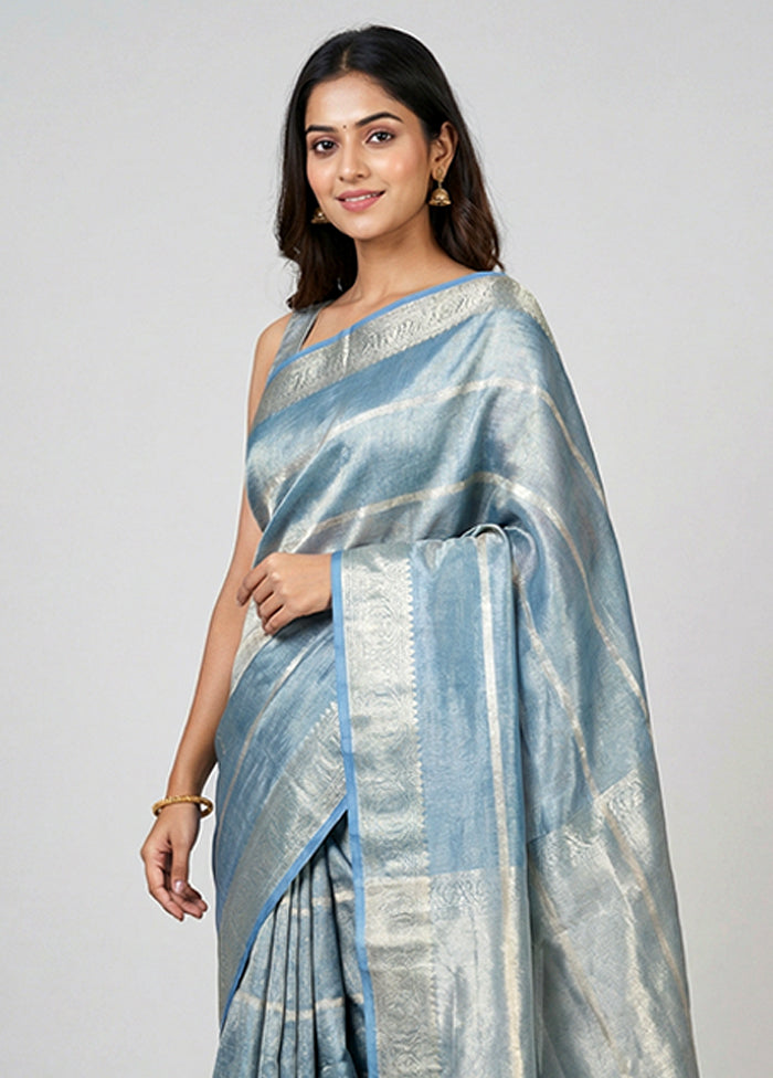 Blue Tissue Silk Saree With Blouse Piece