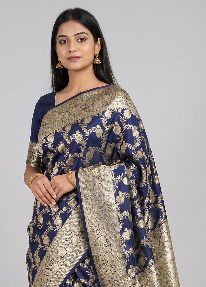 Blue Banarasi Silk Saree With Blouse Piece