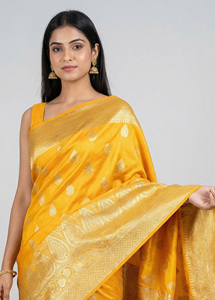 Yellow Banarasi Silk Saree With Blouse Piece