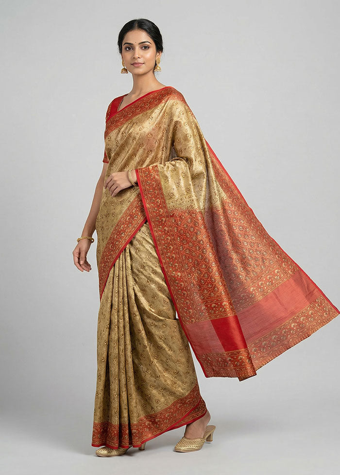 Cream Handloom Jamewar Pure Silk Saree With Blouse Piece