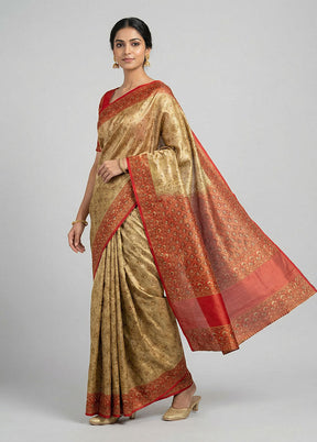 Cream Handloom Jamewar Pure Silk Saree With Blouse Piece