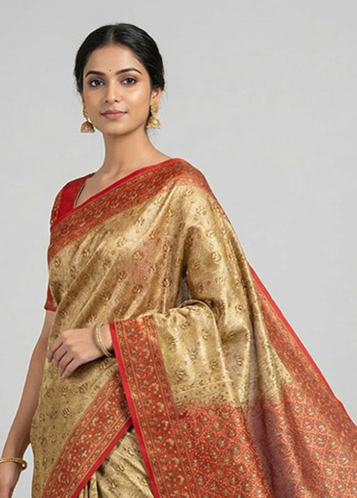 Cream Handloom Jamewar Pure Silk Saree With Blouse Piece