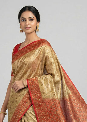 Cream Handloom Jamewar Pure Silk Saree With Blouse Piece