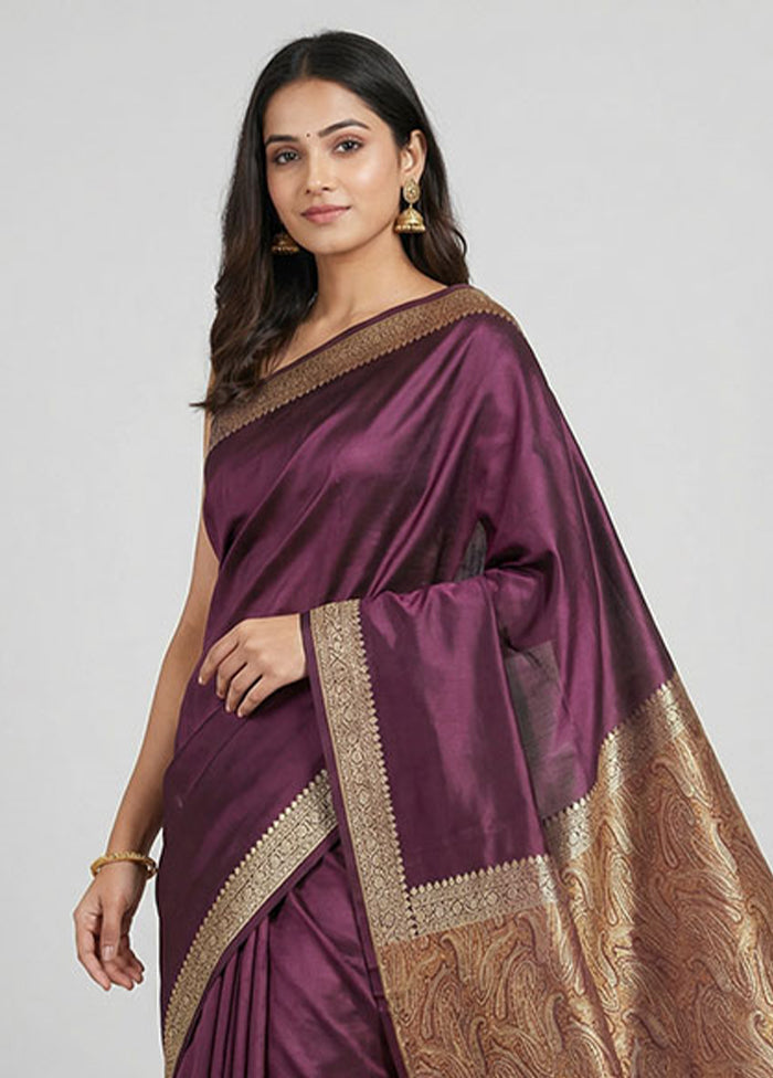 Maroon Handloom Banarasi Pure Silk Saree With Blouse Piece