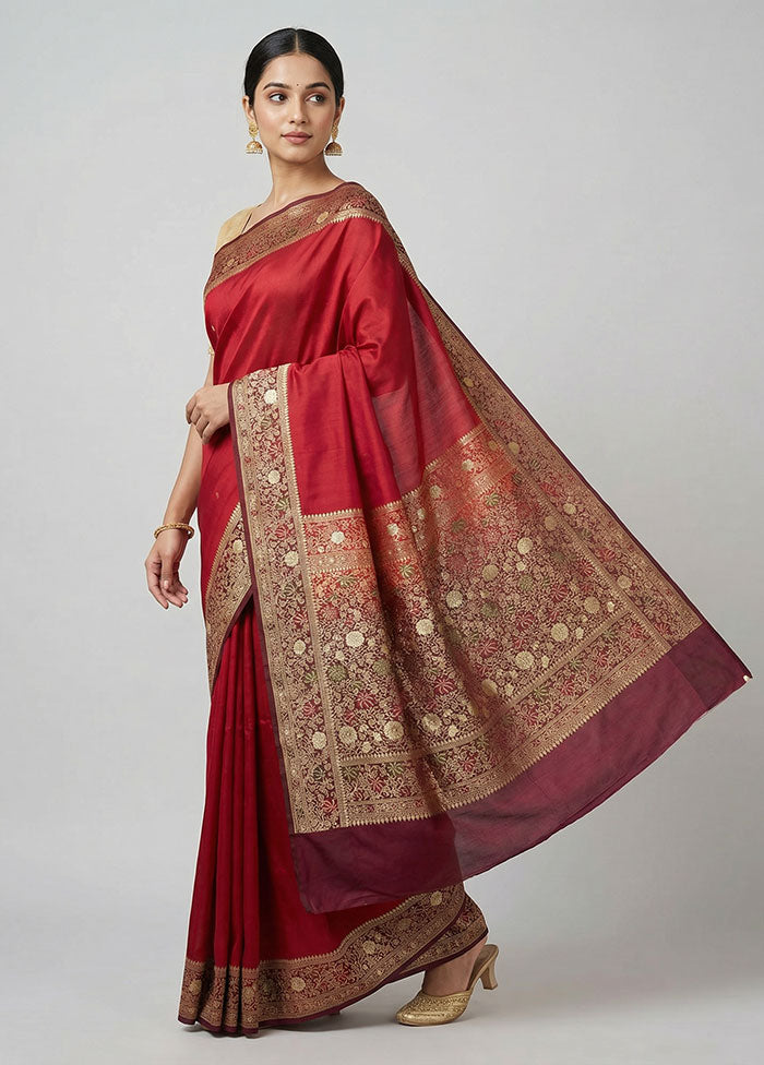 Maroon Handloom Banarasi Pure Silk Saree With Blouse Piece