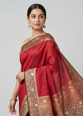 Maroon Handloom Banarasi Pure Silk Saree With Blouse Piece