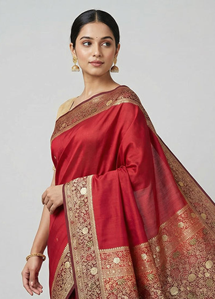 Maroon Handloom Banarasi Pure Silk Saree With Blouse Piece