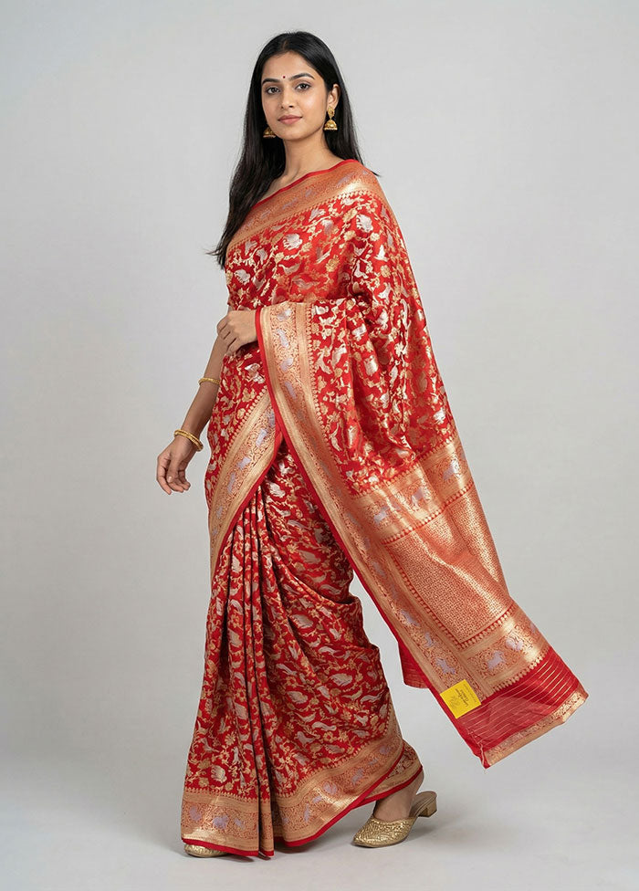 Red Handloom Katan Pure Silk Saree With Blouse Piece