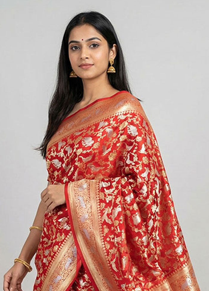 Red Handloom Katan Pure Silk Saree With Blouse Piece