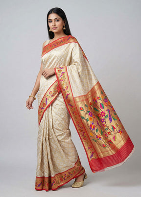 Cream Handloom Uppada Pure Silk Saree With Blouse Piece