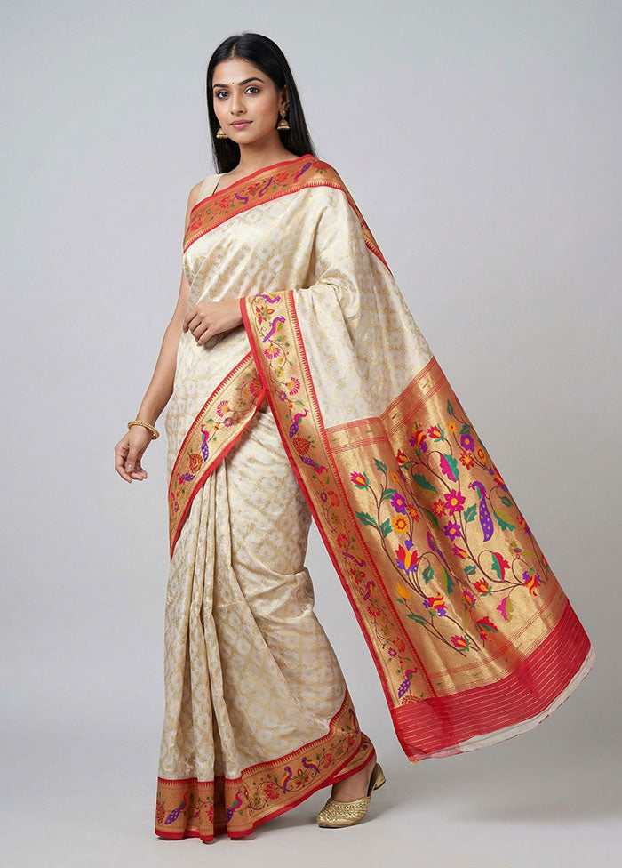 Cream Handloom Uppada Pure Silk Saree With Blouse Piece