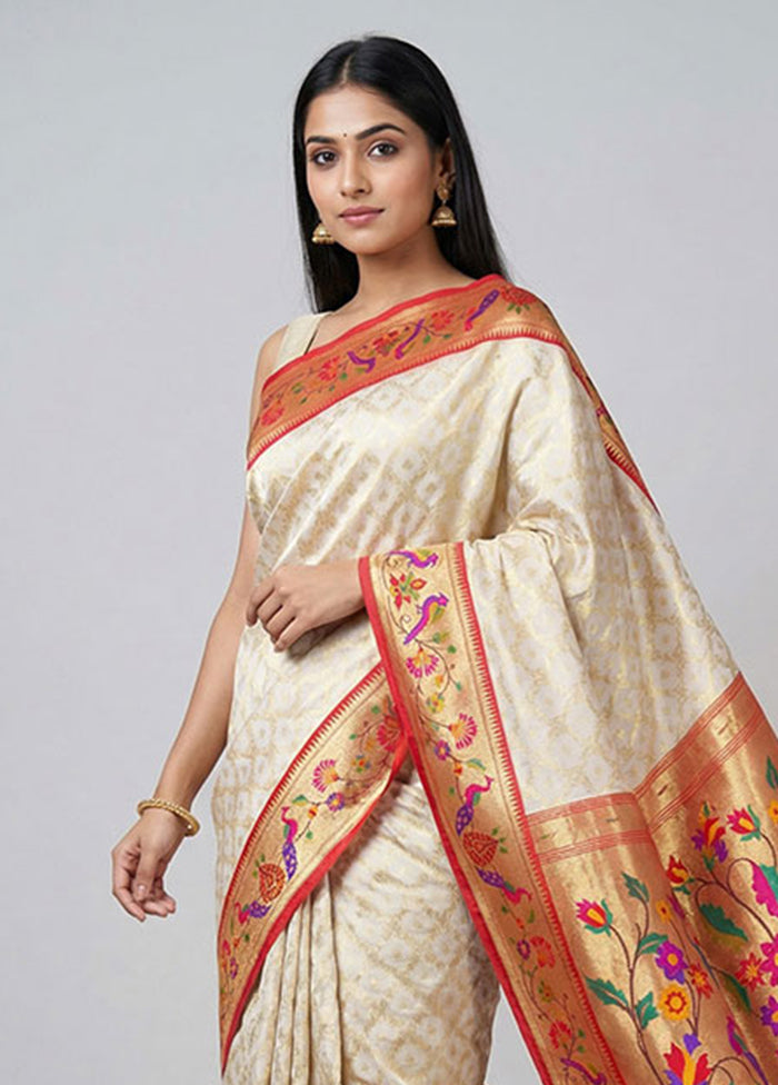 Cream Handloom Uppada Pure Silk Saree With Blouse Piece