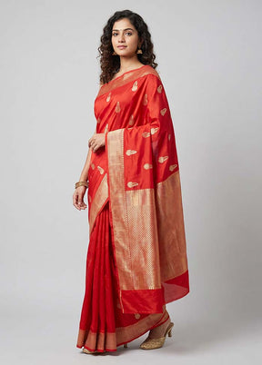 Red Dupion Silk Saree With Blouse Piece