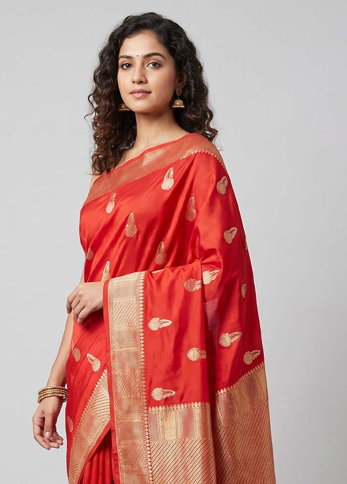 Red Dupion Silk Saree With Blouse Piece