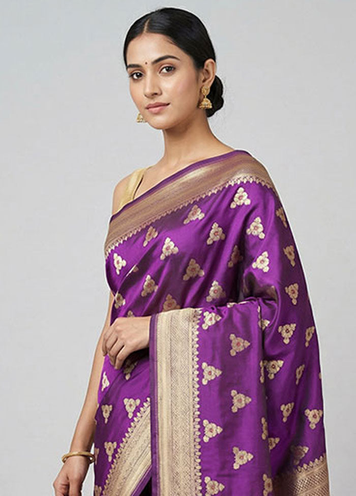 Purple Handloom Katan Pure Silk Saree With Blouse Piece