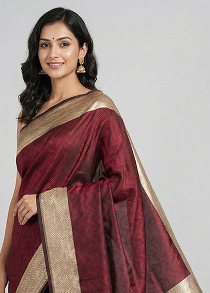 Maroon Handloom Tanchoi Pure Silk Saree With Blouse Piece