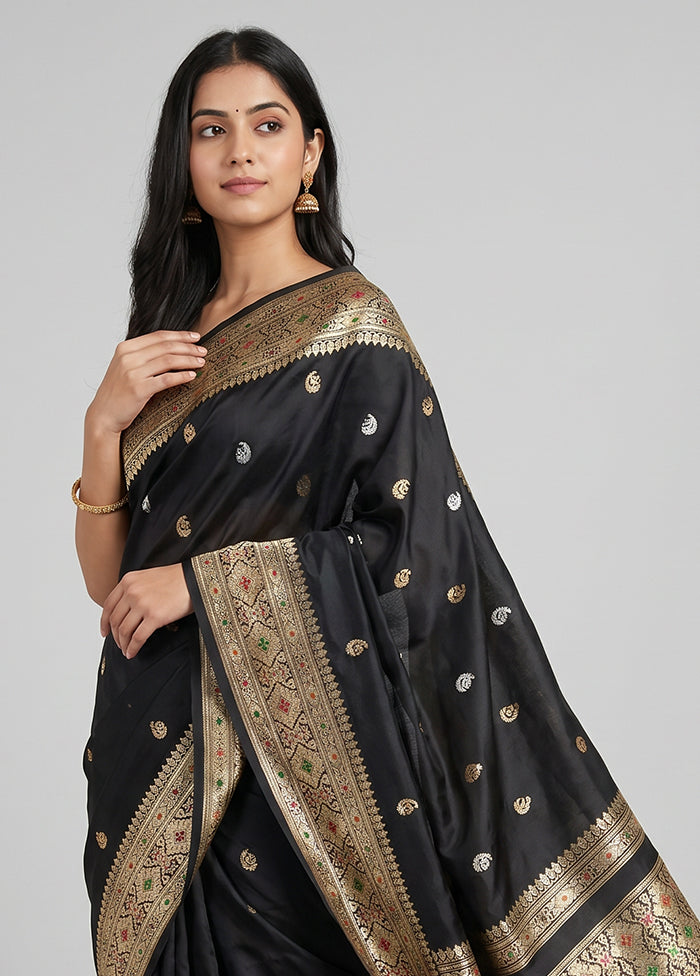 Black Handloom Katan Pure Silk Saree With Blouse Piece