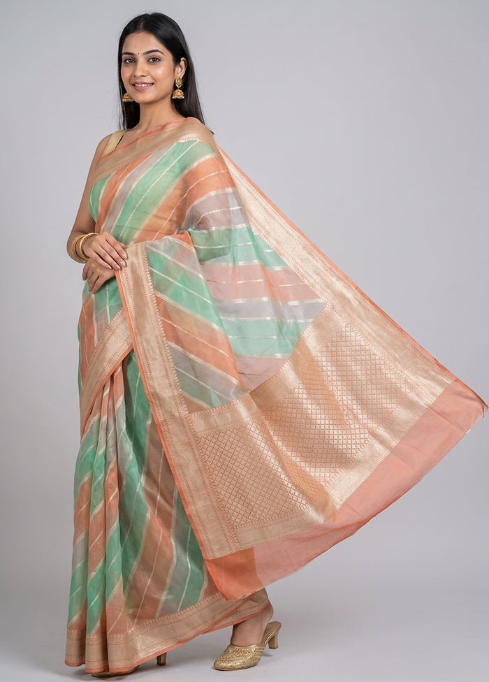 Multicolor Handloom Pure Organza Saree With Blouse Piece