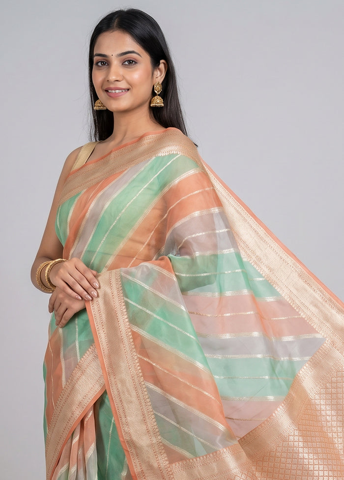 Multicolor Handloom Pure Organza Saree With Blouse Piece