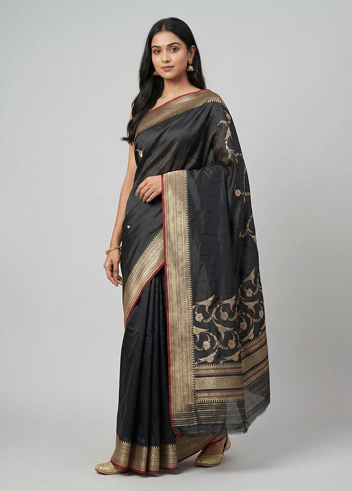 Black Handloom Katan Pure Silk Saree With Blouse Piece