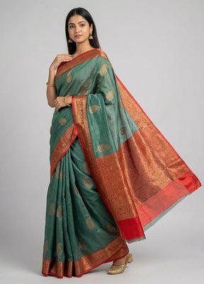 Blue Handloom Tussar Pure Silk Saree With Blouse Piece