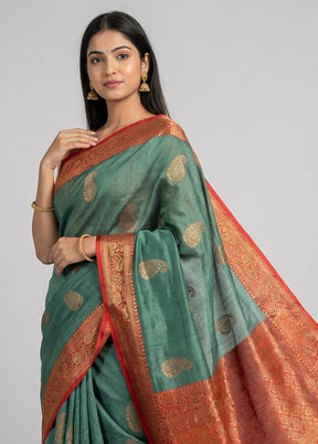 Blue Handloom Tussar Pure Silk Saree With Blouse Piece