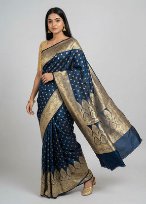 Blue Handloom Banarasi Pure Silk Saree With Blouse Piece