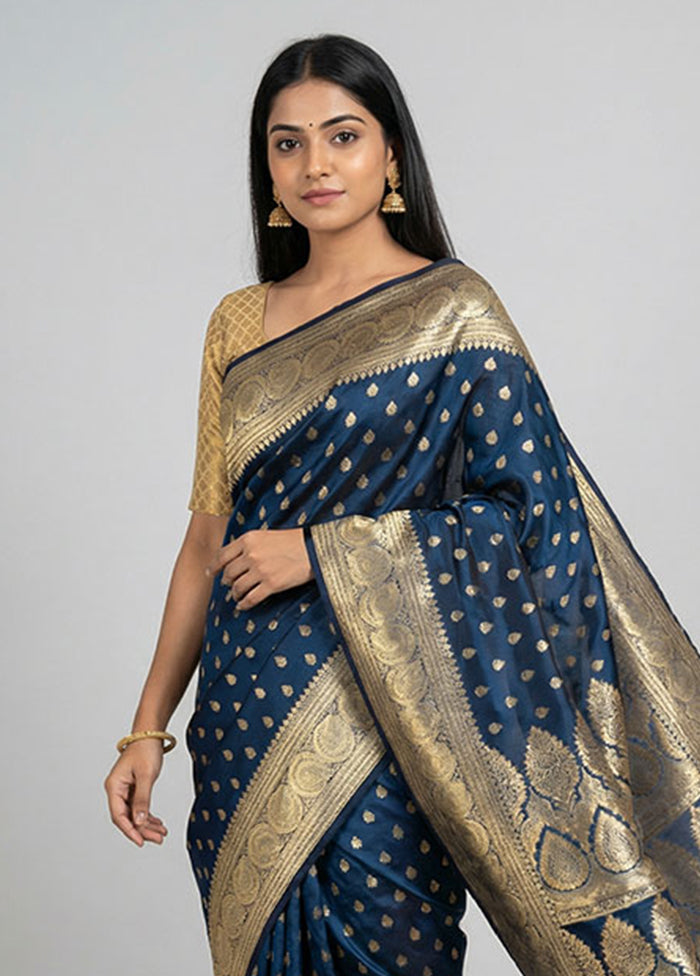 Blue Handloom Banarasi Pure Silk Saree With Blouse Piece