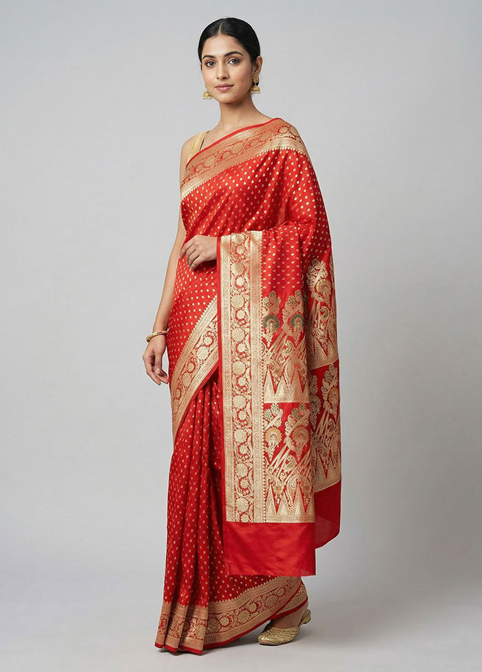 Red Handloom Banarasi Pure Silk Saree With Blouse Piece