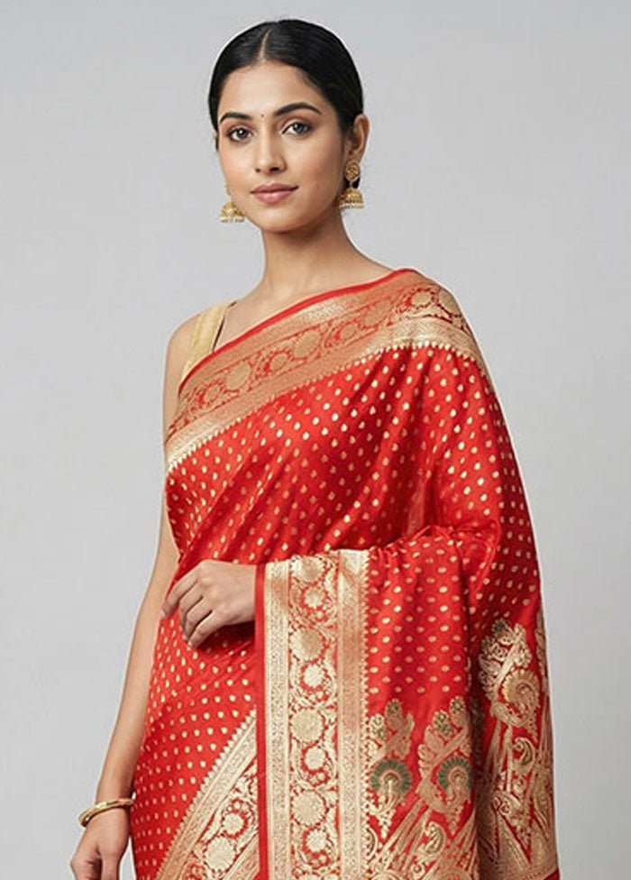 Red Handloom Banarasi Pure Silk Saree With Blouse Piece