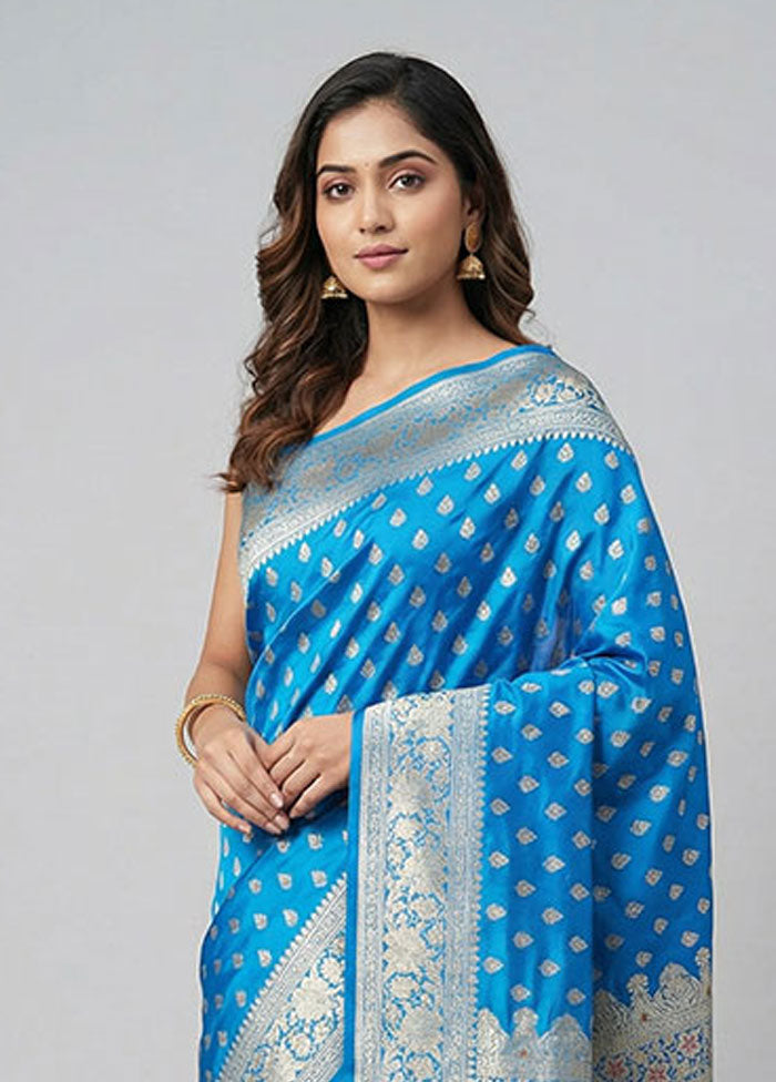 Blue Handloom Banarasi Pure Silk Saree With Blouse Piece
