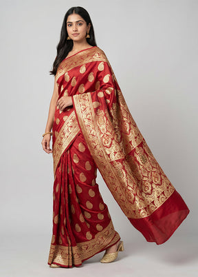 Maroon Handloom Banarasi Pure Silk Saree With Blouse Piece