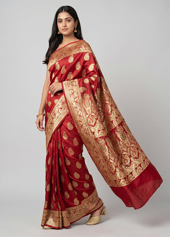 Maroon Handloom Banarasi Pure Silk Saree With Blouse Piece