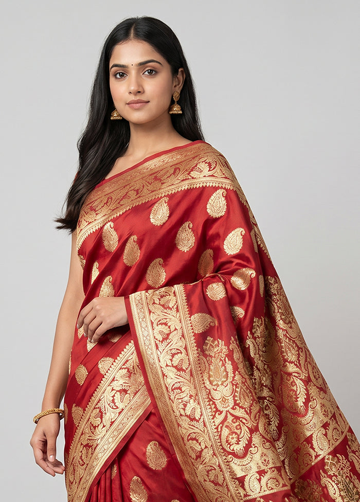 Maroon Handloom Banarasi Pure Silk Saree With Blouse Piece