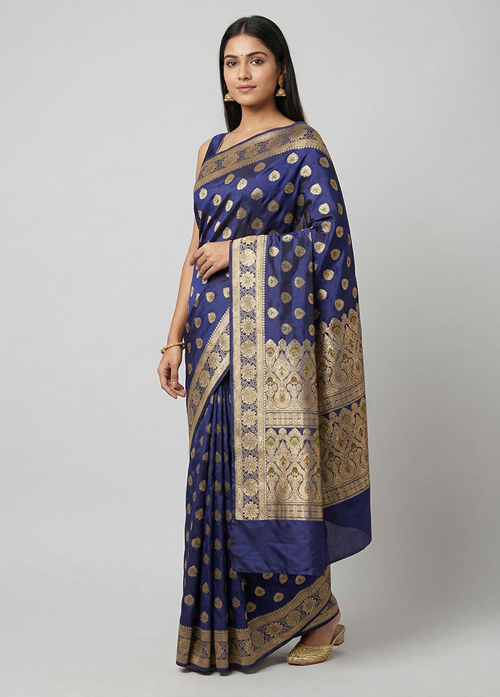 Blue Handloom Banarasi Pure Silk Saree With Blouse Piece