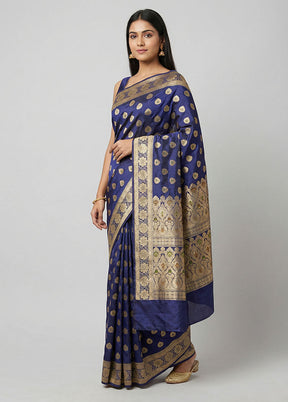 Blue Handloom Banarasi Pure Silk Saree With Blouse Piece