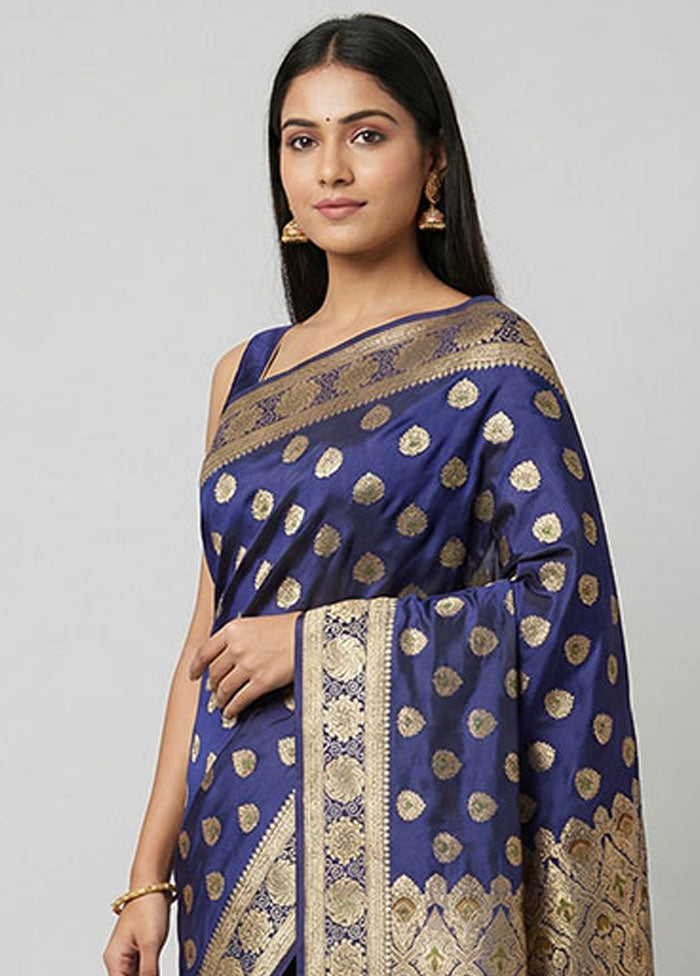 Blue Handloom Banarasi Pure Silk Saree With Blouse Piece
