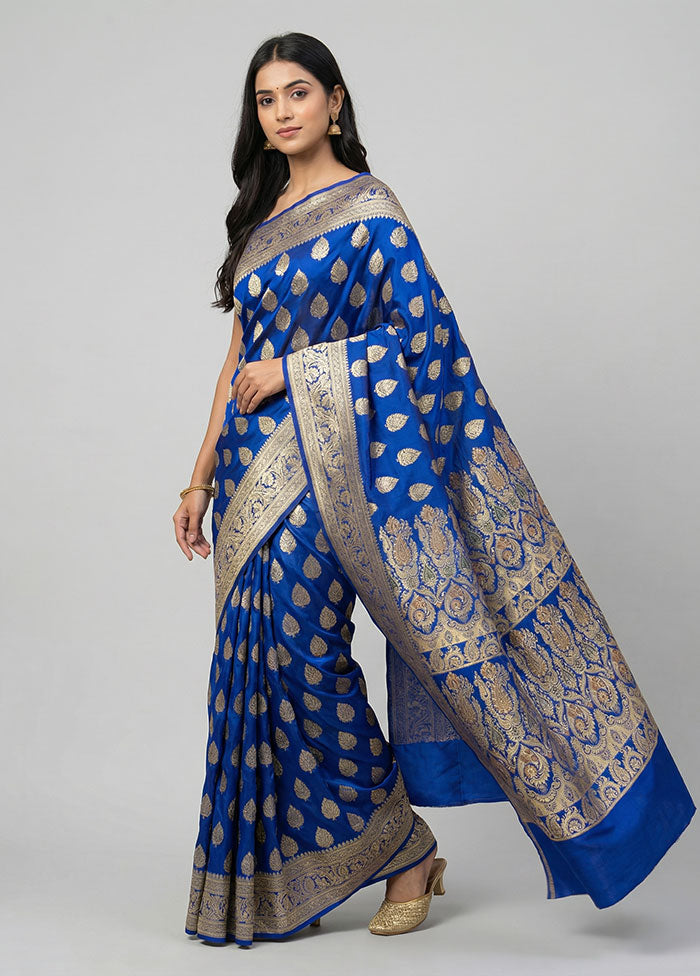 Blue Handloom Banarasi Pure Silk Saree With Blouse Piece