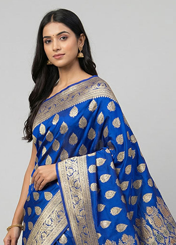 Blue Handloom Banarasi Pure Silk Saree With Blouse Piece
