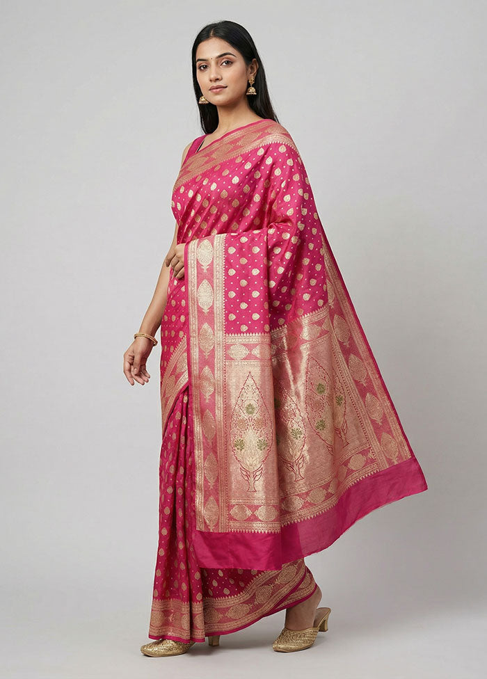 Pink Handloom Banarasi Pure Silk Saree With Blouse Piece
