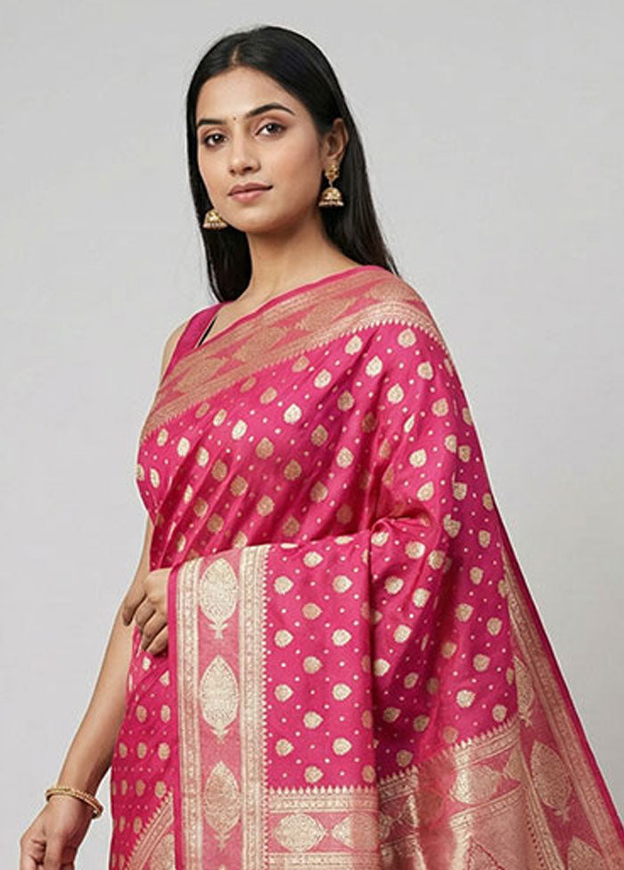 Pink Handloom Banarasi Pure Silk Saree With Blouse Piece