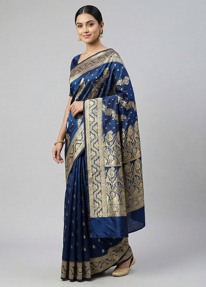 Blue Handloom Banarasi Pure Silk Saree With Blouse Piece