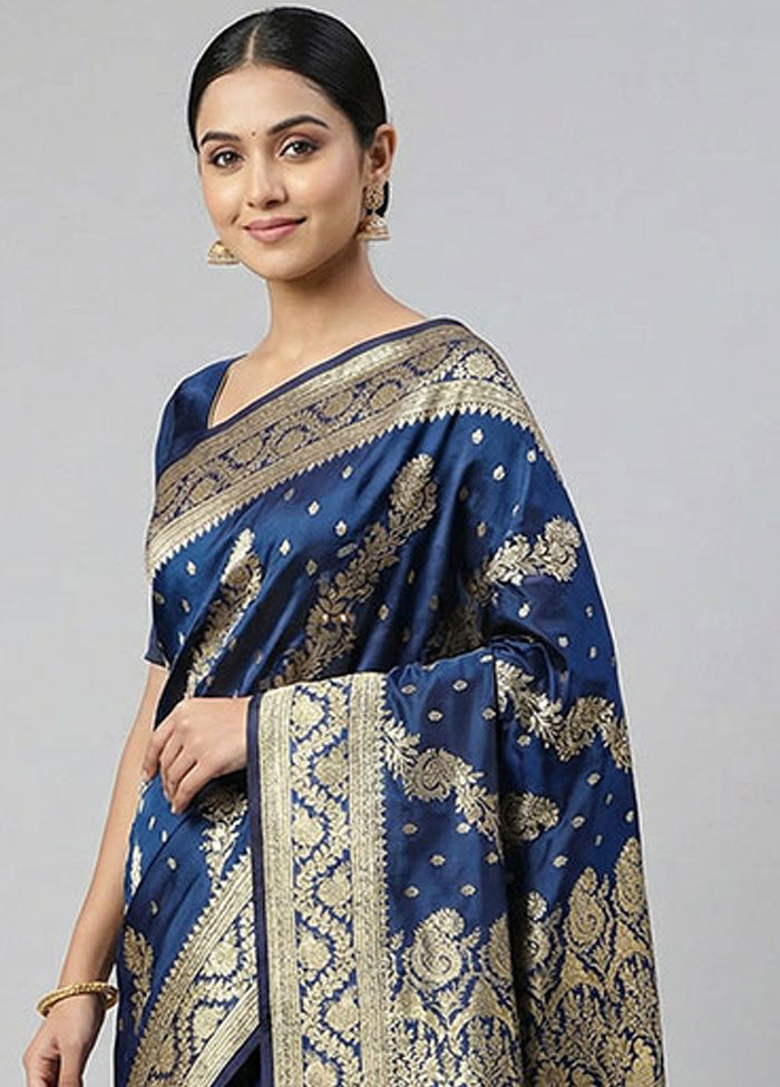 Blue Handloom Banarasi Pure Silk Saree With Blouse Piece