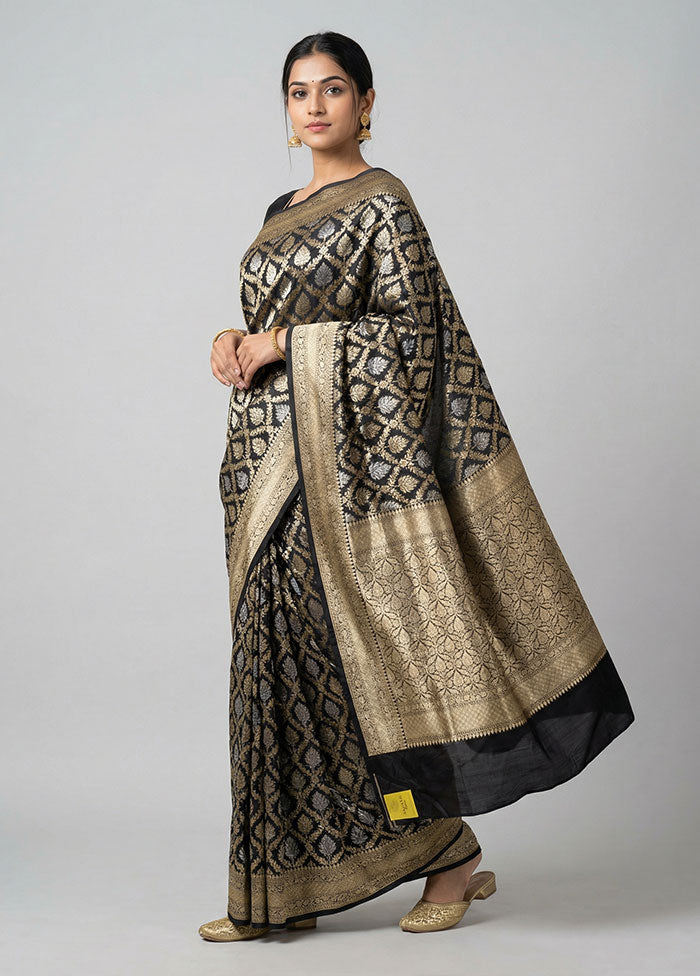 Black Handloom Katan Pure Silk Saree With Blouse Piece